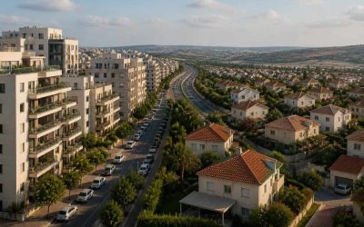 Modern Israeli apartment buildings with a buyer comparing urban convenience and larger homes outside the city center