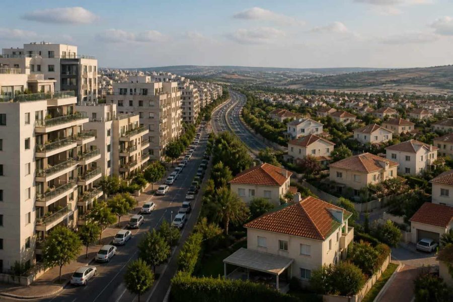 Modern Israeli apartment buildings with a buyer comparing urban convenience and larger homes outside the city center