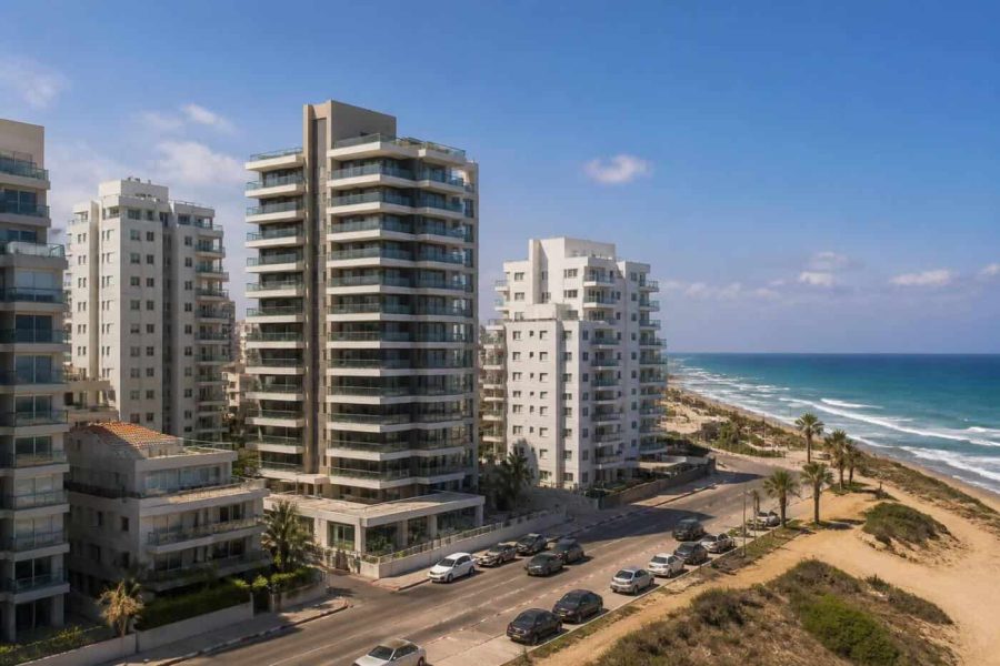 Modern coastal apartment towers overlooking the Mediterranean shoreline in Israel
