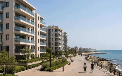 Photorealistic view of modern apartment buildings near the Mediterranean coastline in Nahariya