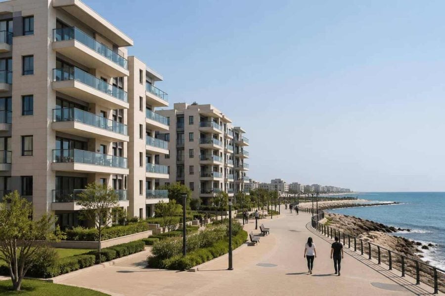 Photorealistic view of modern apartment buildings near the Mediterranean coastline in Nahariya