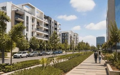 Residential apartment buildings in Rehovot near tree-lined streets and research employment areas