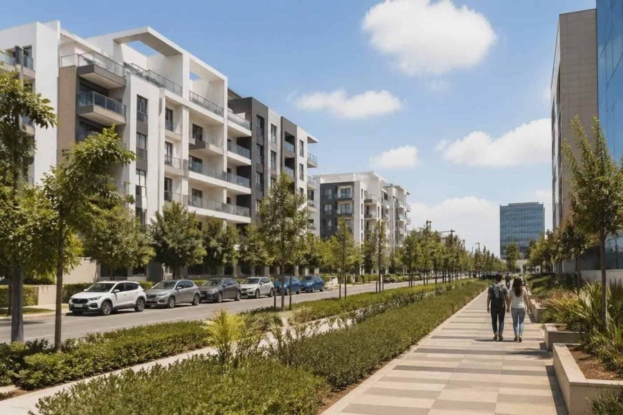 Residential apartment buildings in Rehovot near tree-lined streets and research employment areas