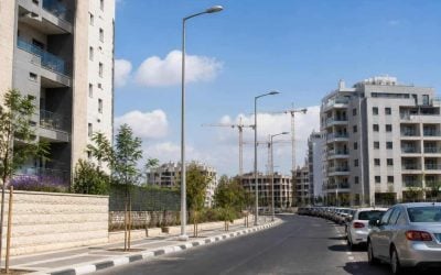 Modern apartment buildings and residential streets in a developing southern Israeli city