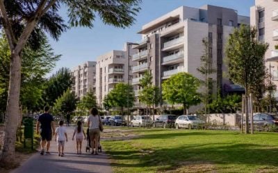 Residential apartment buildings and green public space in Kfar Saba, Israel