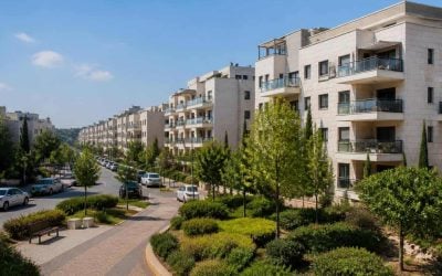 Modern family apartment buildings in Modi'in-Maccabim-Re'ut with landscaped parks and residential streets
