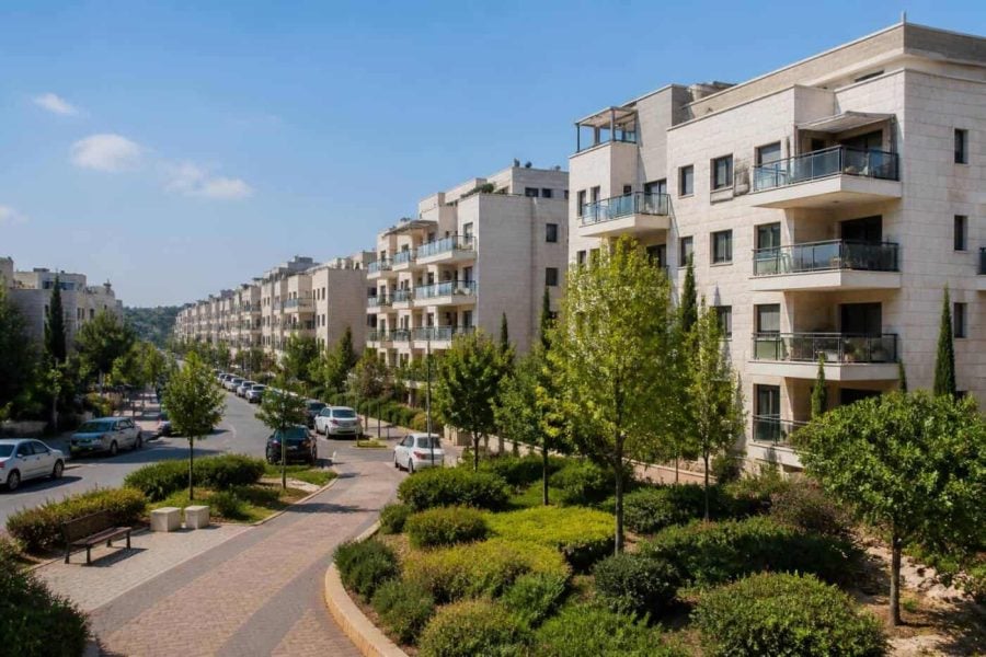 Modern family apartment buildings in Modi'in-Maccabim-Re'ut with landscaped parks and residential streets