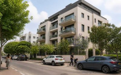 Modern residential apartment building on a quiet tree-lined street in Ramat Hasharon