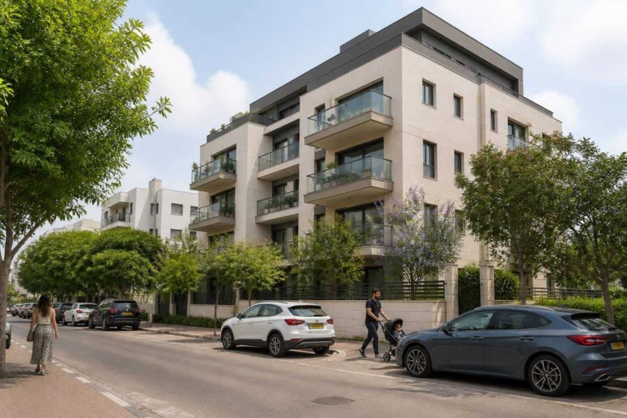 Modern residential apartment building on a quiet tree-lined street in Ramat Hasharon