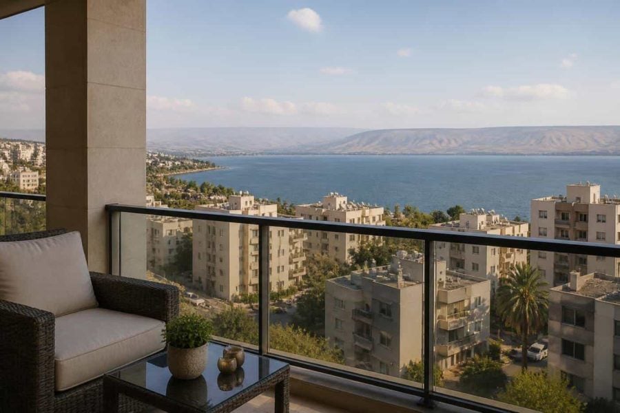 Modern apartment balcony overlooking the Sea of Galilee in Tiberias
