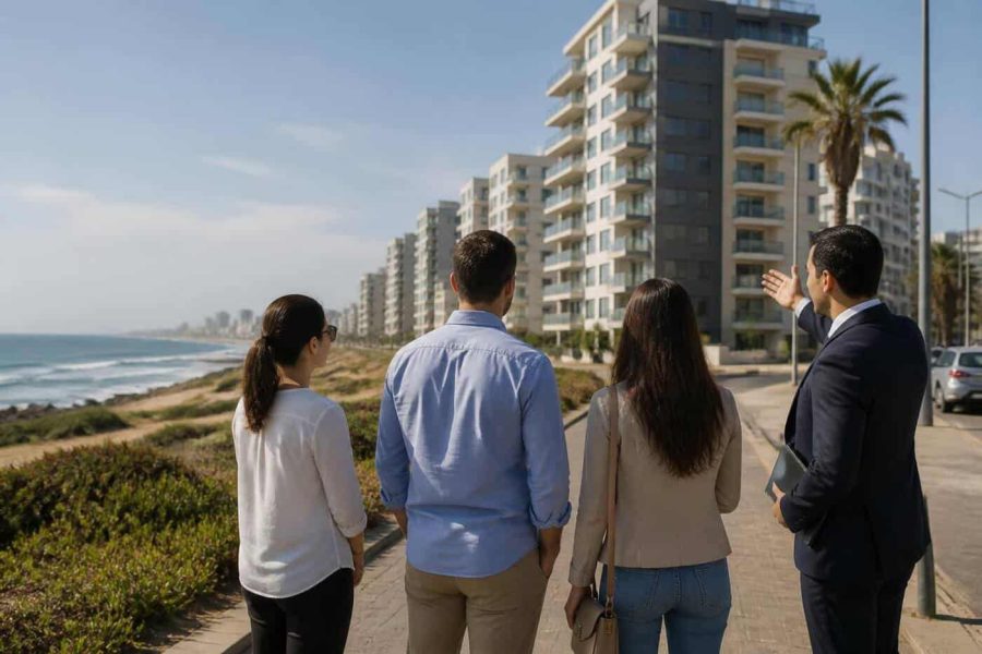 Modern apartment buildings near the Ashdod coastline with buyers viewing the neighborhood