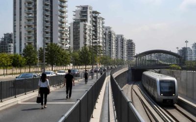 Modern apartment buildings near a transit corridor in the Tel Aviv metropolitan area