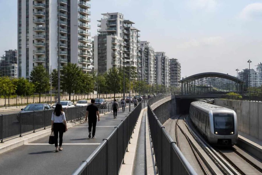 Modern apartment buildings near a transit corridor in the Tel Aviv metropolitan area