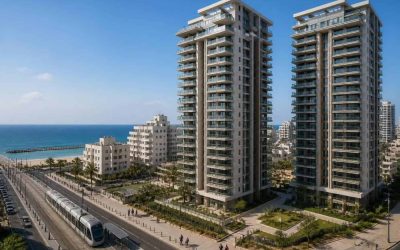 Modern apartment towers along the Bat Yam coastline with the Mediterranean Sea in the background