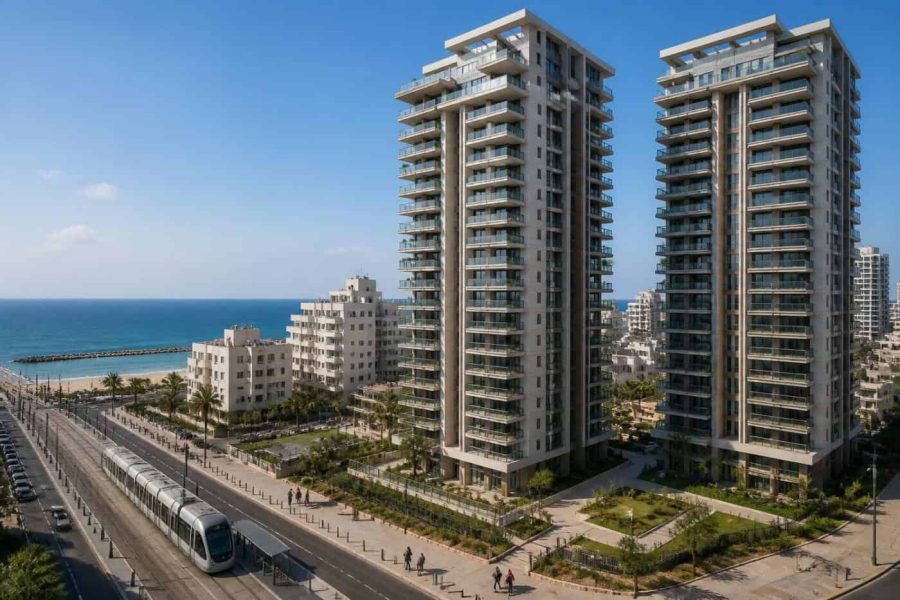 Modern apartment towers along the Bat Yam coastline with the Mediterranean Sea in the background