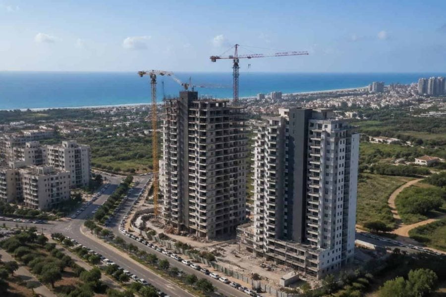 Modern residential towers and construction cranes near the Hadera coastline