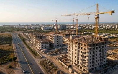 New apartment construction near a coastal Israeli city with roads and residential buildings in the background