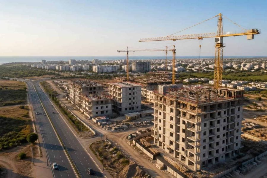 New apartment construction near a coastal Israeli city with roads and residential buildings in the background
