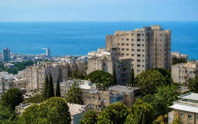Residential apartment buildings in Haifa on a hillside near the Mediterranean coast