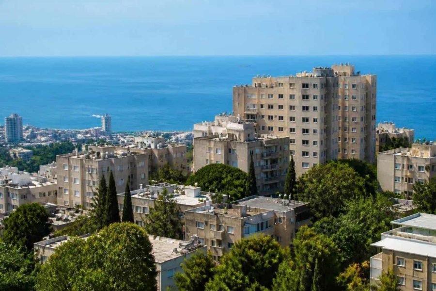 Residential apartment buildings in Haifa on a hillside near the Mediterranean coast