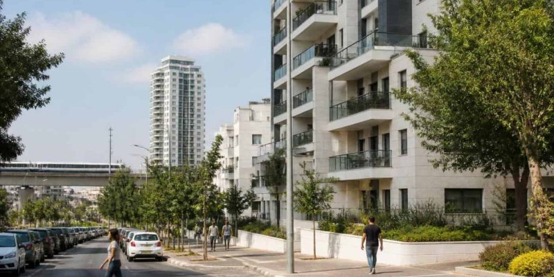 Modern apartment buildings and a tree-lined urban street in Holon near central Israel transit corridors