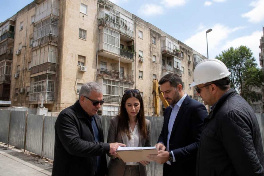Older residential apartment building in Jerusalem undergoing urban renewal assessment
