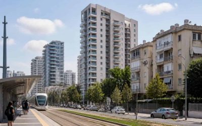 Modern apartment buildings and light rail infrastructure in Petah Tikva urban renewal district