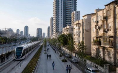 Modern apartment buildings and light rail infrastructure in Petah Tikva urban setting