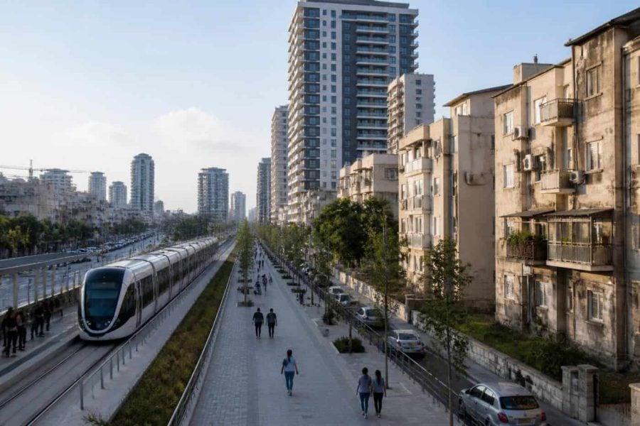Modern apartment buildings and light rail infrastructure in Petah Tikva urban setting