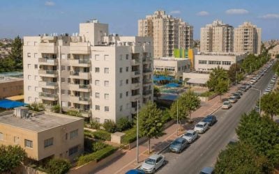 Residential apartment buildings in Netivot with surrounding streets and neighborhood infrastructure
