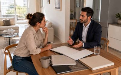 Buyer and advisor discussing property priorities in an Israeli apartment without visible screens