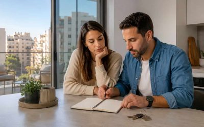 Couple reviewing a home purchase budget in a bright Israeli apartment