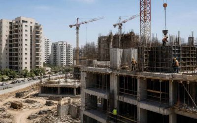 Modern apartment buildings under construction in an Israeli city with cranes and workers in a real estate development area