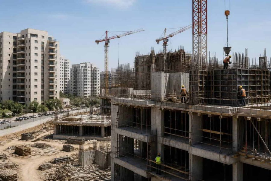 Modern apartment buildings under construction in an Israeli city with cranes and workers in a real estate development area