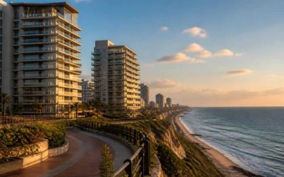 Modern luxury apartment towers overlooking the Mediterranean coastline in Netanya