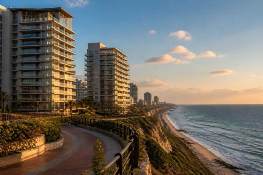 Modern luxury apartment towers overlooking the Mediterranean coastline in Netanya