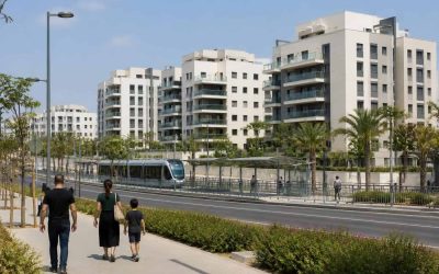 Modern apartment buildings and a train station area in Ofakim, Israel