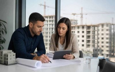 Buyer reviewing an off-plan apartment contract beside a modern residential construction site in Israel