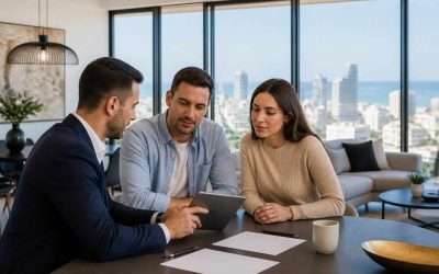 Foreign property buyers reviewing an apartment purchase plan in a modern Israeli home