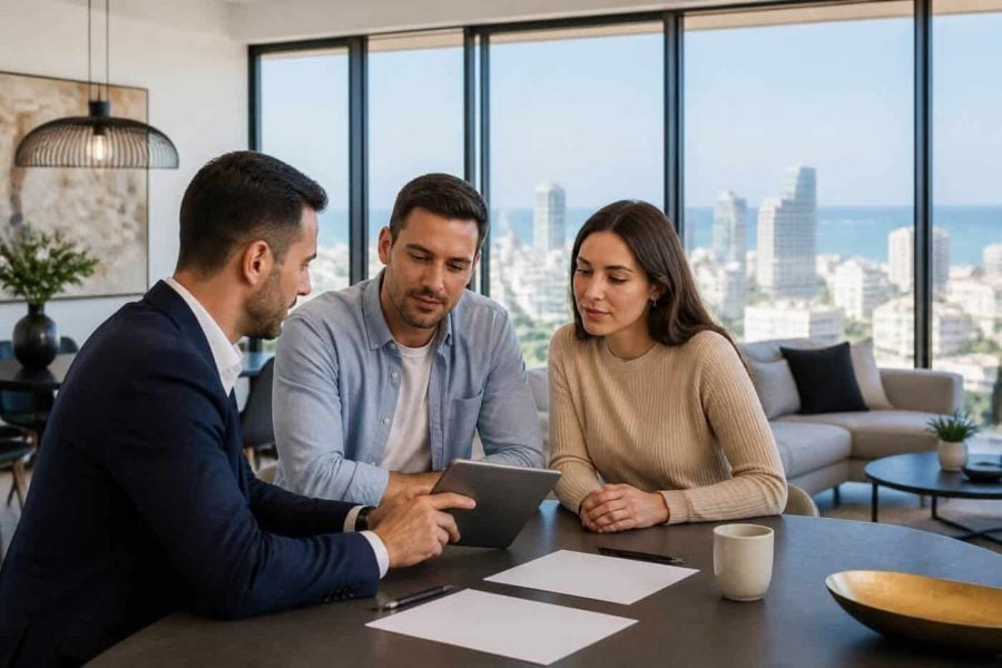 Foreign property buyers reviewing an apartment purchase plan in a modern Israeli home
