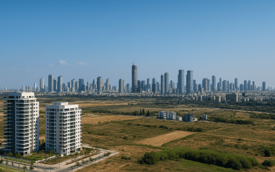 black and white cityscape with tall buildings