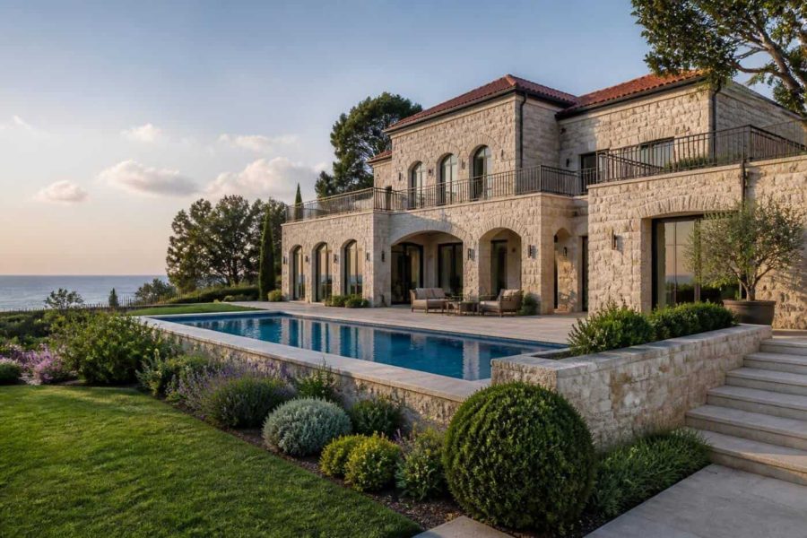 Luxury villa exterior with landscaped garden and Mediterranean-style architecture in Israel