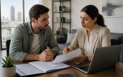 Foreign homebuyer reviewing mortgage documents with an advisor in a modern Israeli apartment
