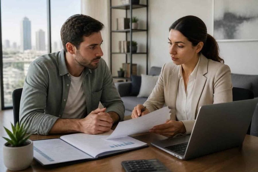 Foreign homebuyer reviewing mortgage documents with an advisor in a modern Israeli apartment