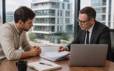 A foreign home buyer reviewing apartment documents with a real estate professional in a modern city office