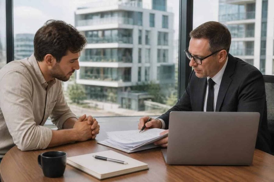 A foreign home buyer reviewing apartment documents with a real estate professional in a modern city office
