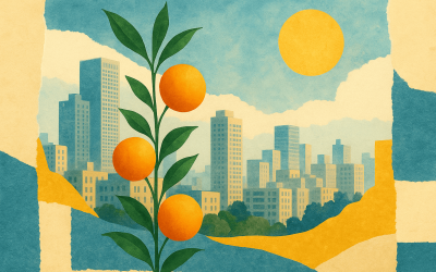 Cityscape with plant and dark, moody background illustration.