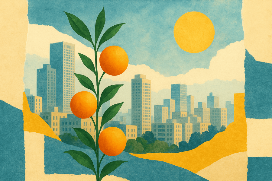 Cityscape with plant and dark, moody background illustration.