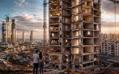 Couple overlooking Israeli housing construction with towers, cranes, empty apartments, and a cutaway building at sunset.