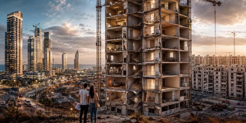 Couple overlooking Israeli housing construction with towers, cranes, empty apartments, and a cutaway building at sunset.